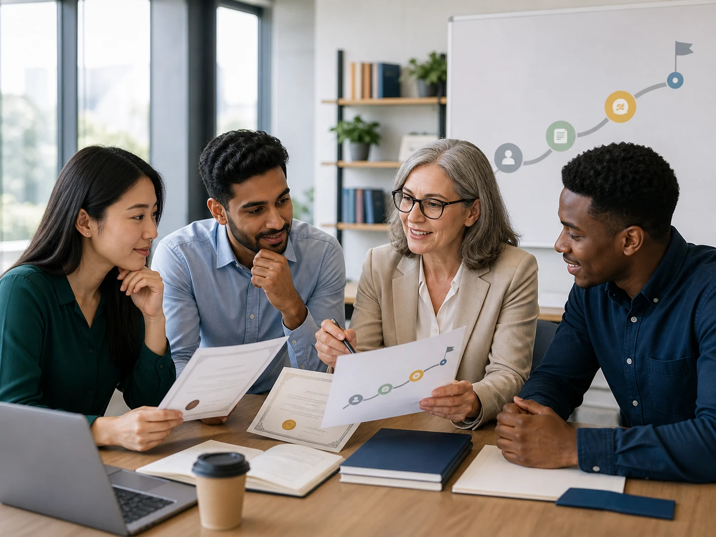 International finance professionals reviewing ACCA progression choices with a mentor