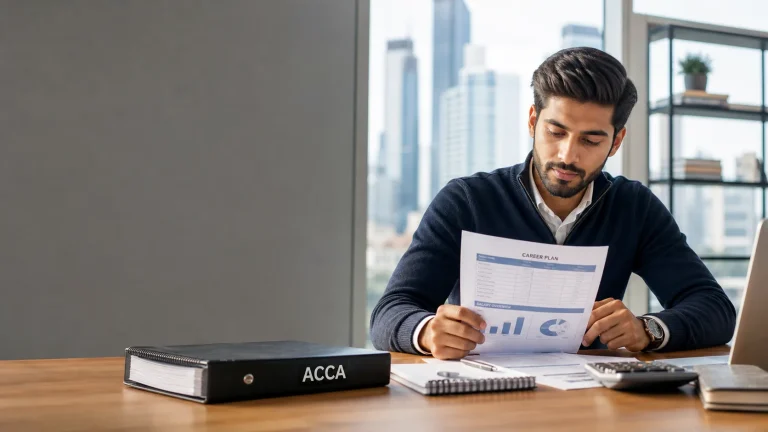 Finance professional reviewing an ACCA career and salary plan beside an ACCA study binder.