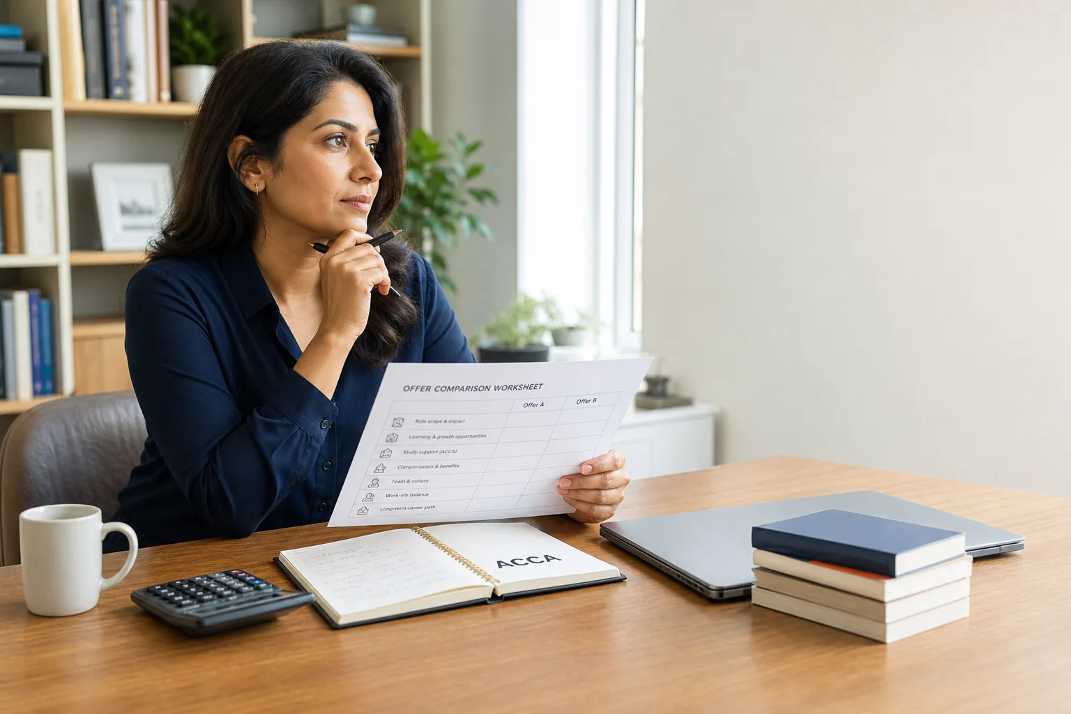 Finance professional comparing career offers with an ACCA study notebook and calculator.