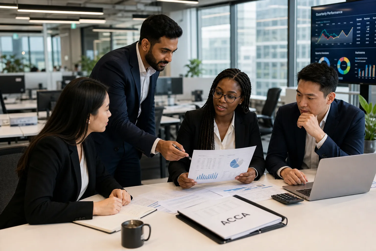 Diverse finance professionals reviewing reporting and forecasting work with an ACCA study folder.