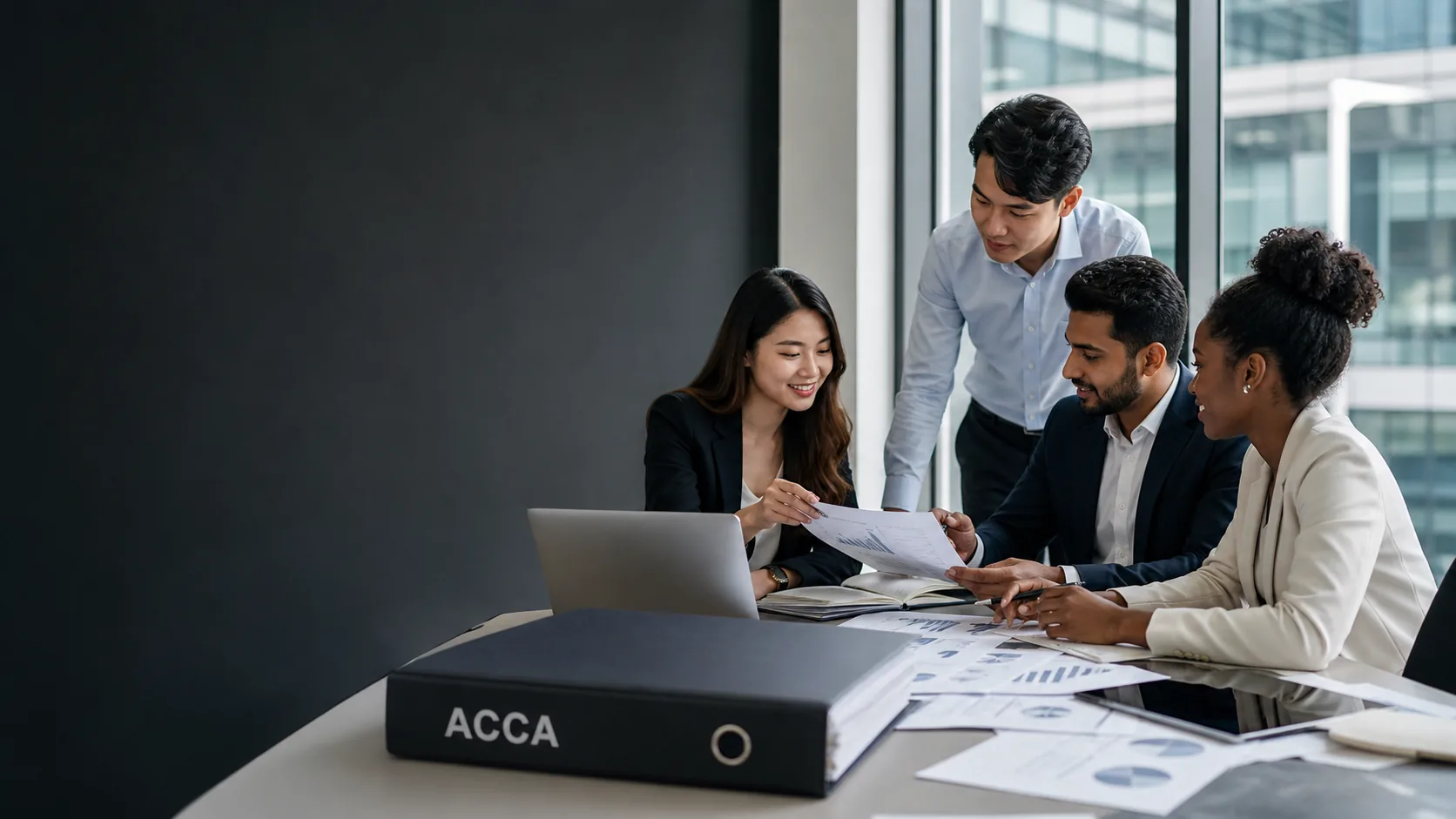 Early-career finance team applying ACCA learning in a practical workplace discussion