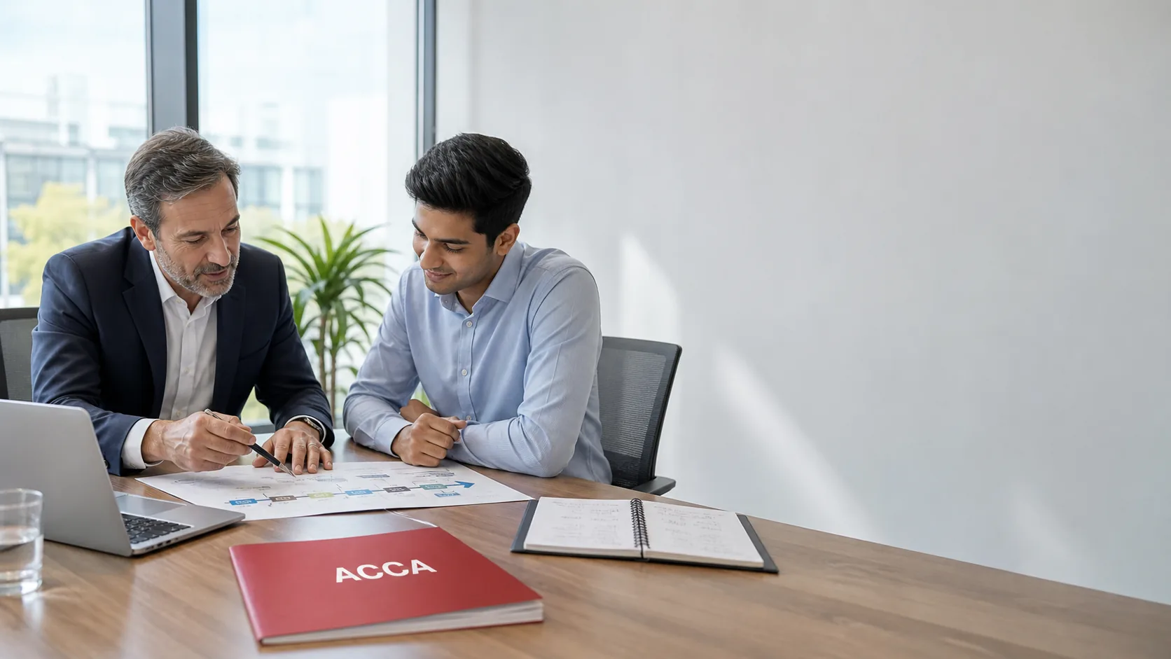 Finance mentor reviewing an ACCA study and career roadmap with a young professional