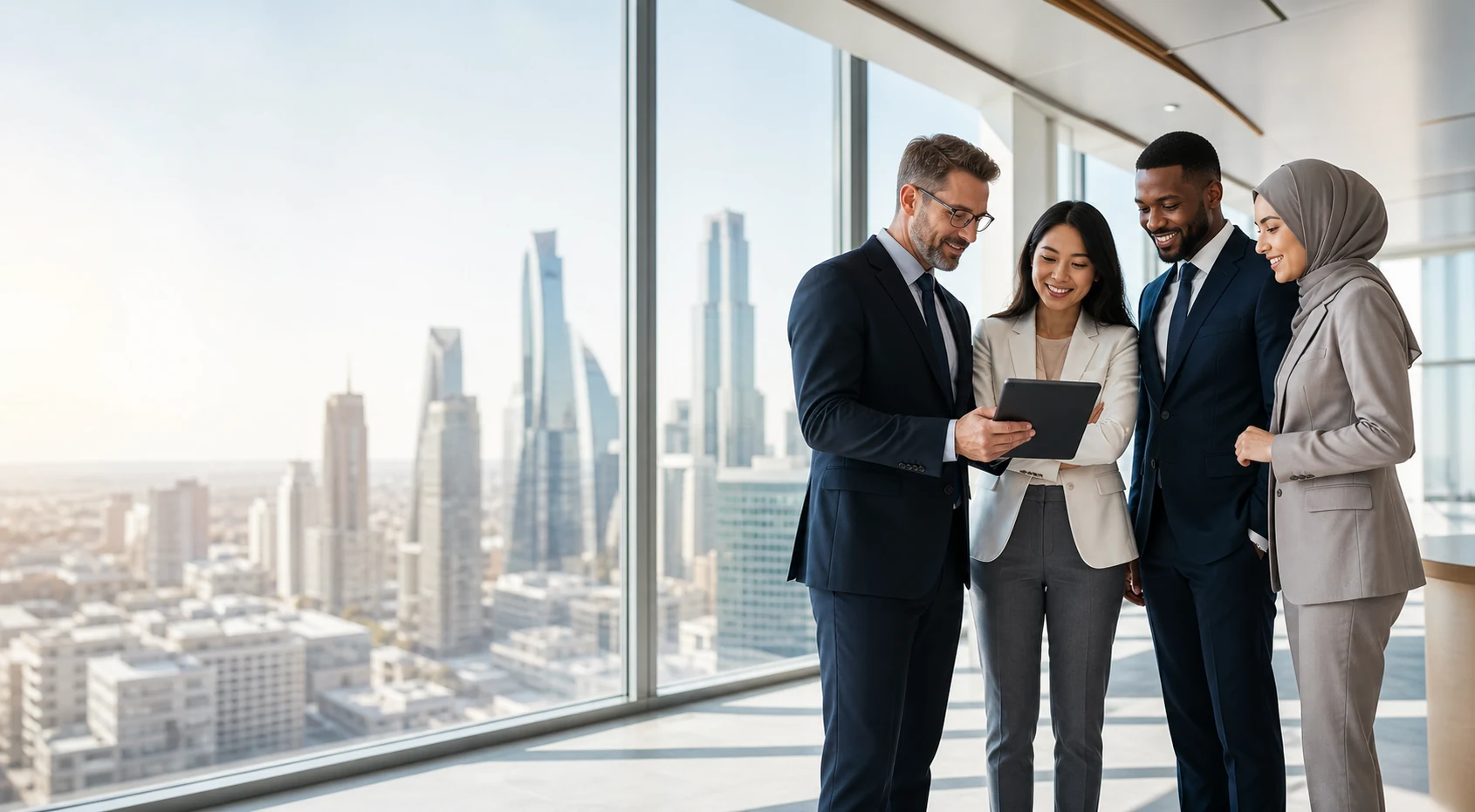 Diverse compliance professionals discussing career progression in a modern international office
