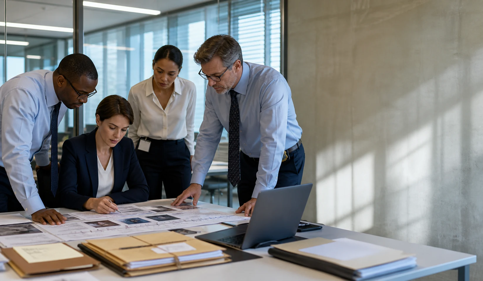 Financial crime professionals reviewing fraud evidence and transaction records in a modern office