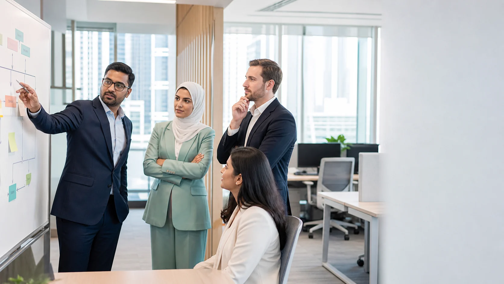 Financial crime professionals discussing risk priorities in a bright Dubai office