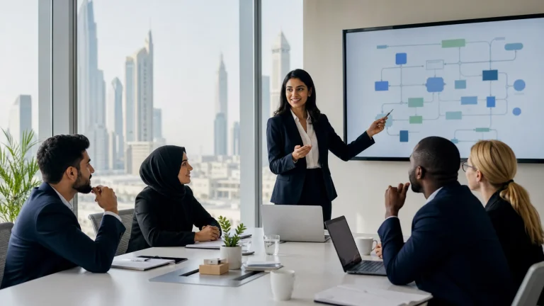 Diverse AML and compliance professionals attending a CAMS preparation workshop in Dubai