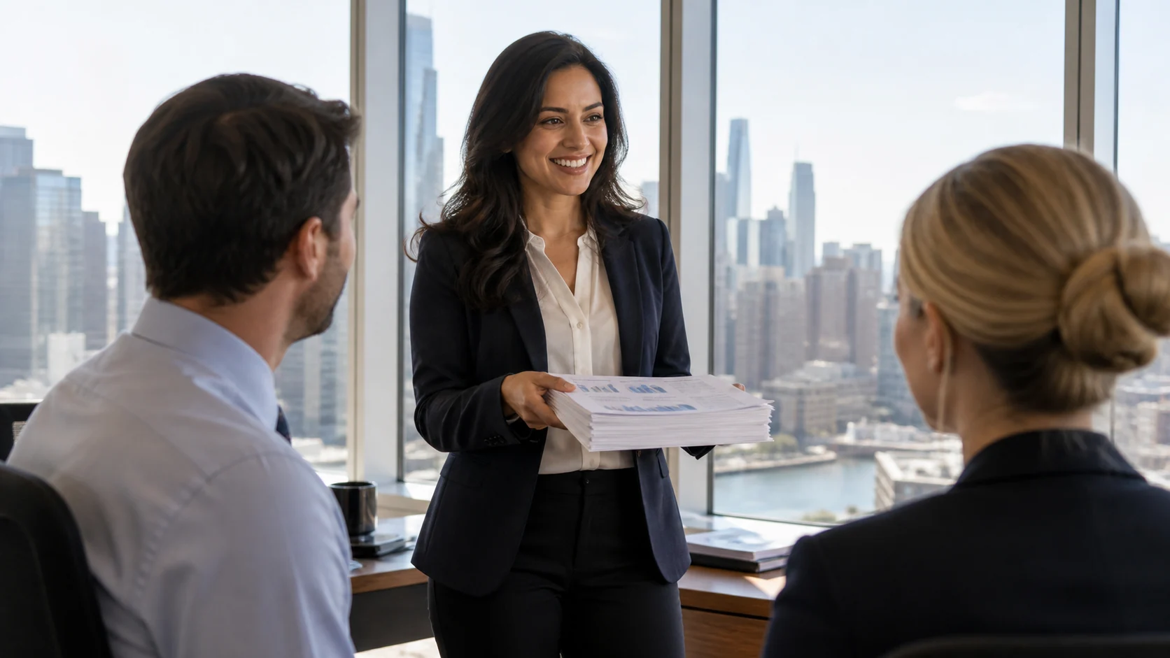 Financial reporting professionals discussing a completed reporting pack in a global business office
