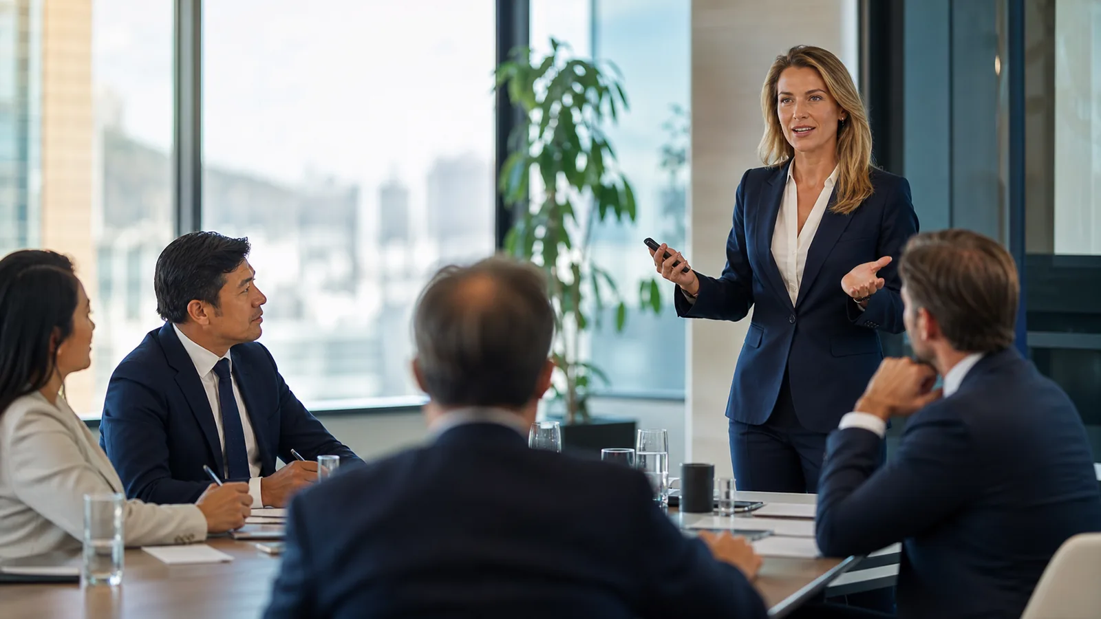 Internal-audit leader presenting risk and governance findings to an executive team