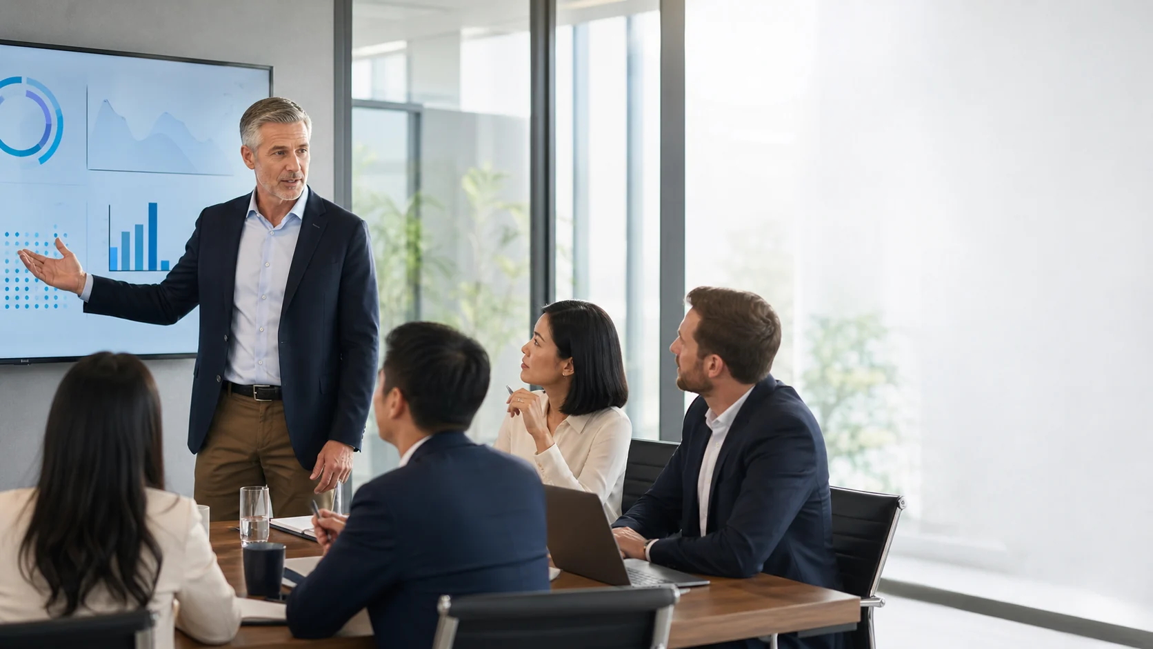 Internal audit leader presenting governance and risk findings to a global leadership team