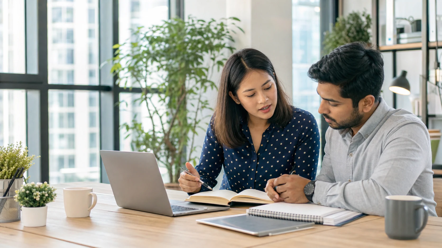 Two professionals reviewing a practical weekly CISA study plan in a bright workspace