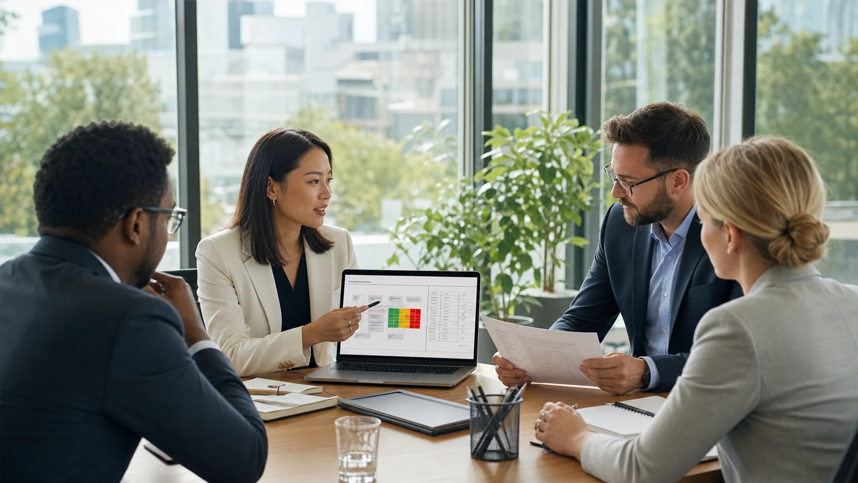 Information security and audit professionals discussing a governance plan in a bright office