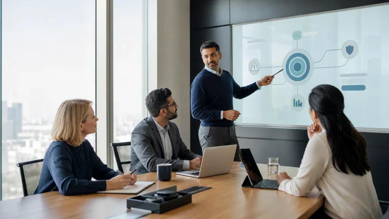 Information security leaders discussing governance and risk in a global office