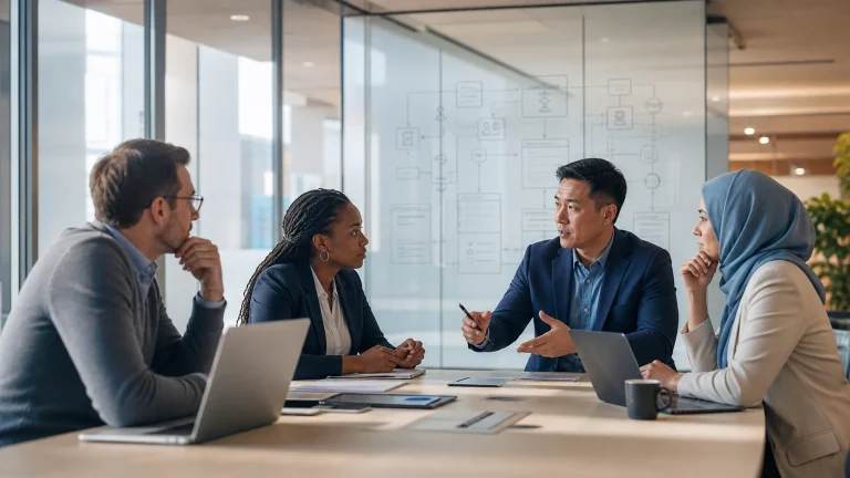 Experienced cybersecurity professionals discussing enterprise security strategy in a workshop