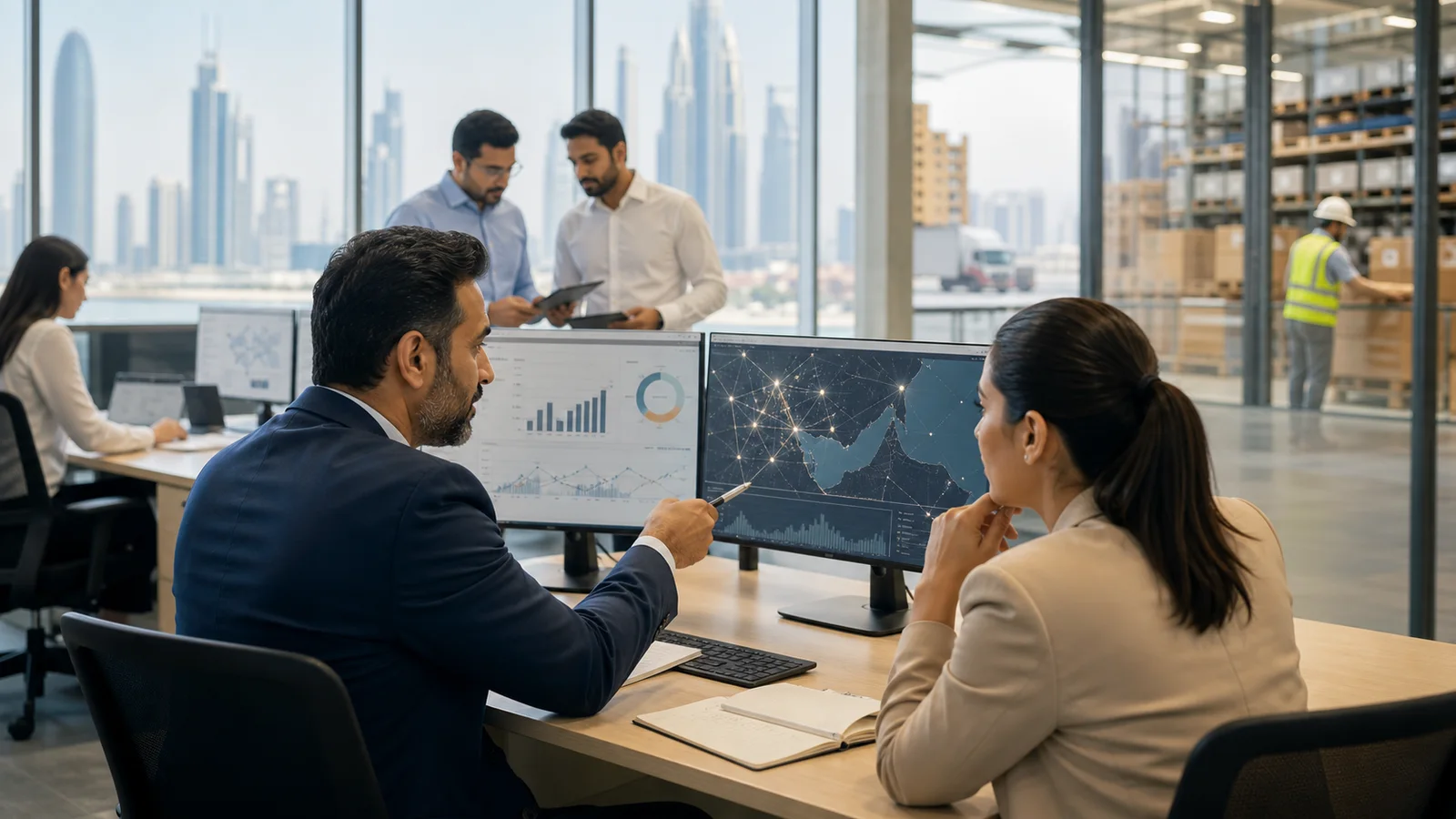 Supply chain and logistics professionals reviewing warehouse and transport performance in Dubai
