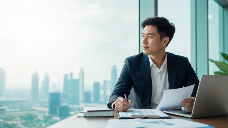 Finance professional reviewing accounting reports in a modern daylight office