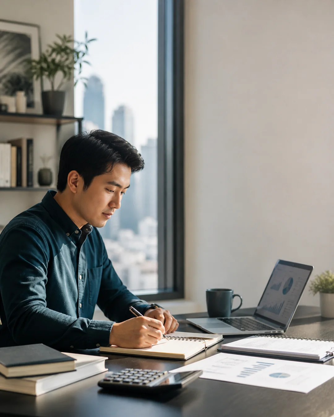 Accounting professional planning a study and career route at a daylight desk