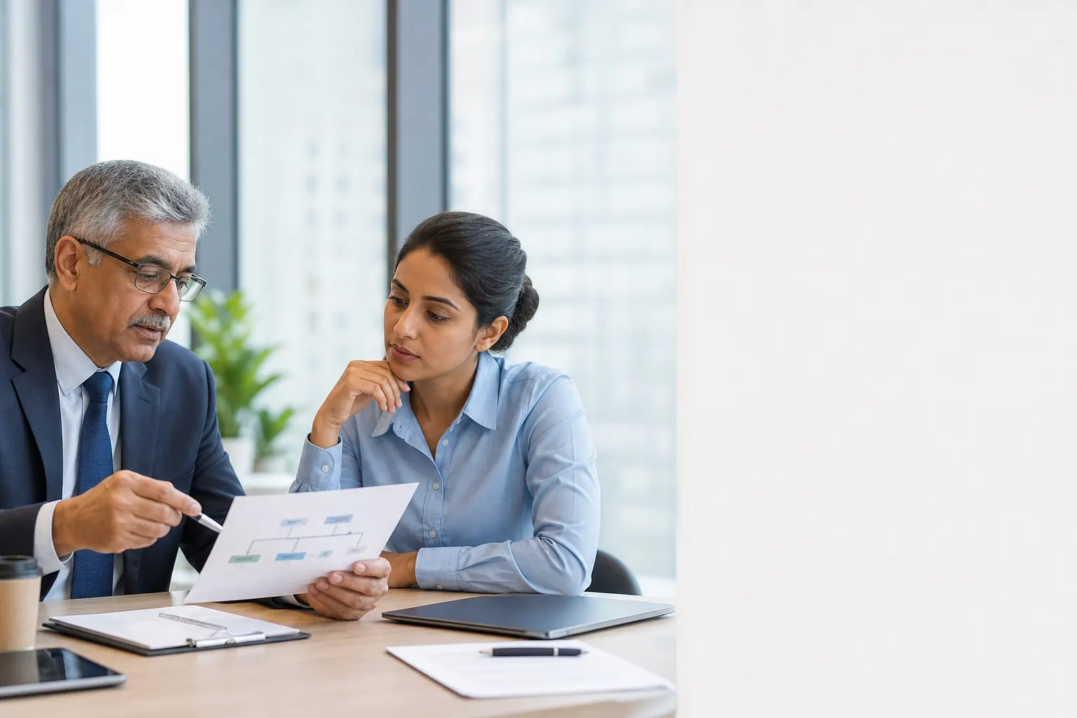 Finance mentor and professional reviewing a global accountancy career decision.