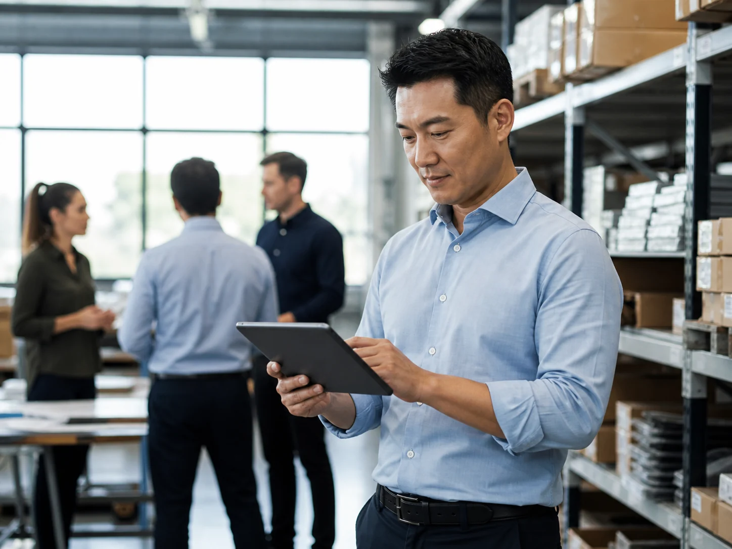 Supply chain professional reviewing inventory information in a distribution setting