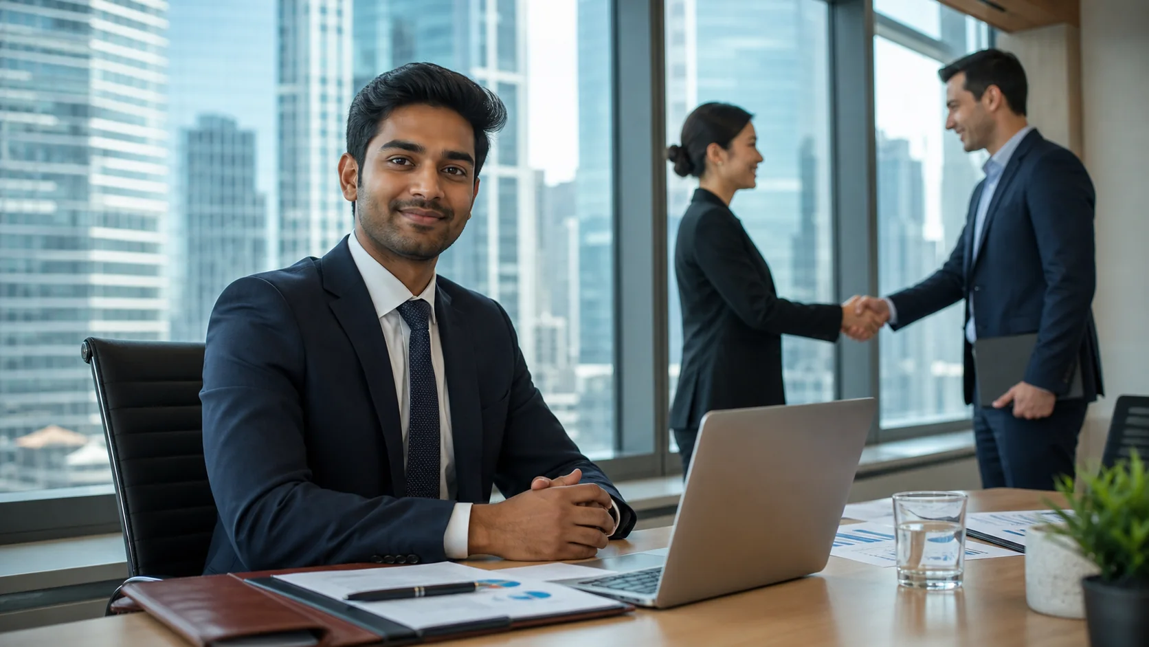 Trade-finance professional presenting a working-capital solution in a global business setting