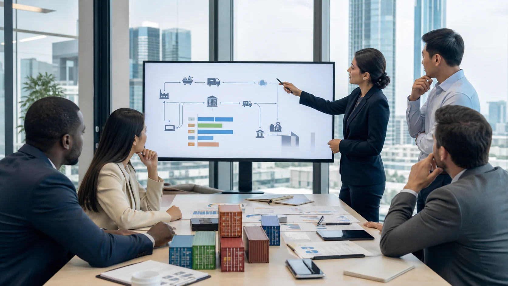 International finance professionals mapping a supply chain finance and working-capital solution