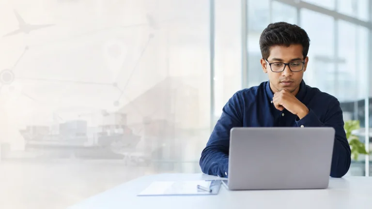 Supply chain professional taking a computer-based certification exam
