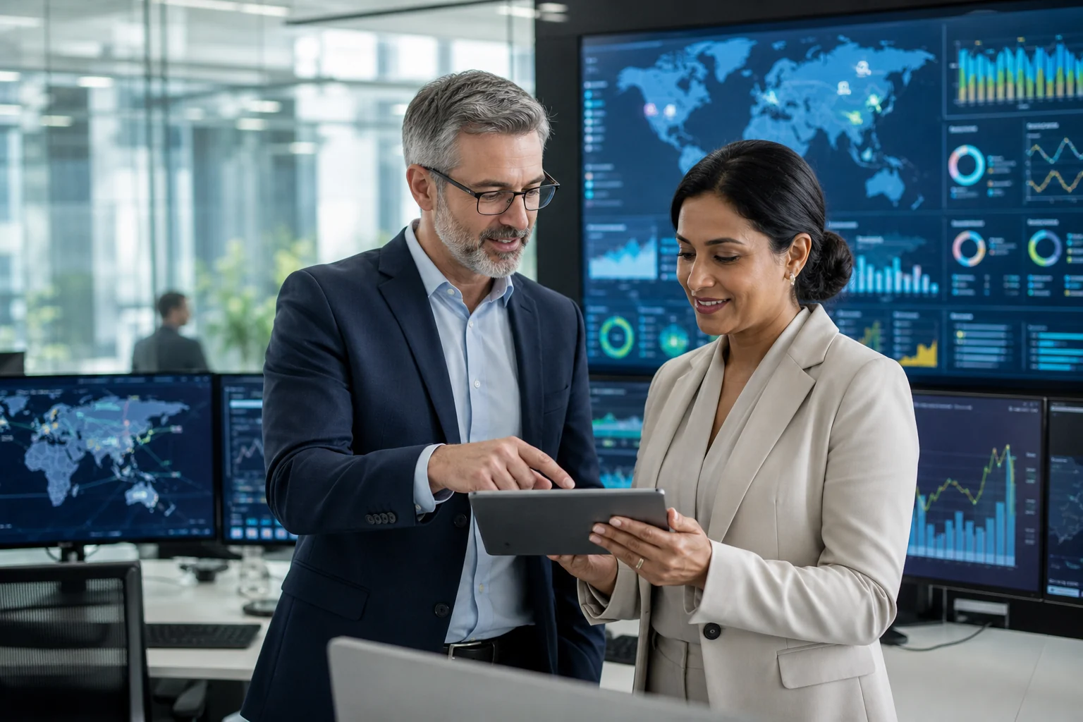 Supply chain leaders reviewing global operations performance dashboards
