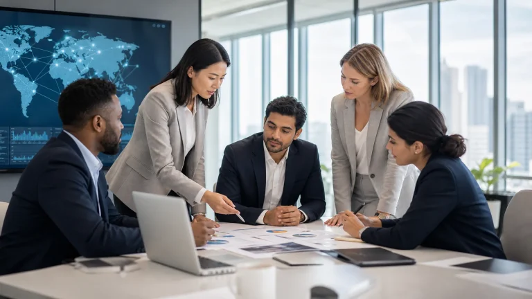International supply chain professionals reviewing planning scenarios in a modern office