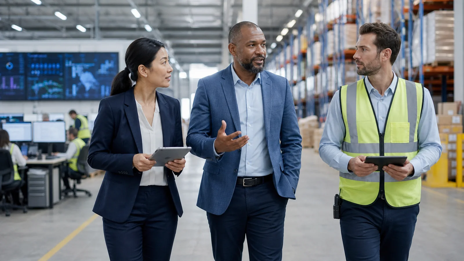 Supply chain leaders discussing operations in a modern distribution centre