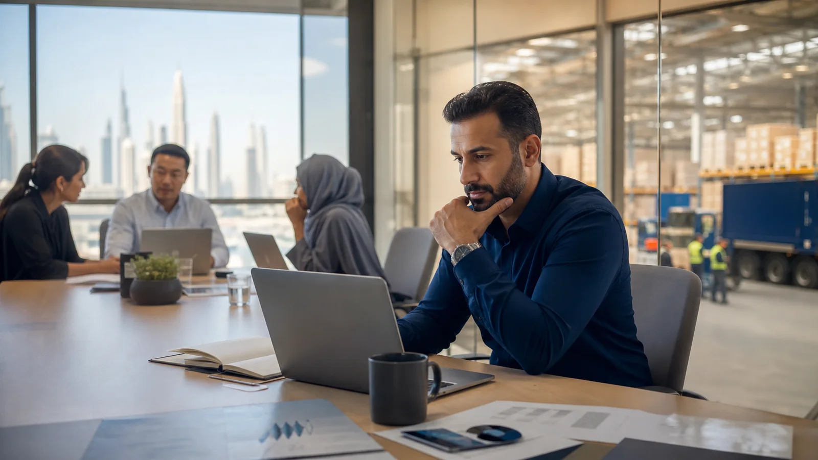 Mid-career supply chain professional reviewing a practical study case in Dubai