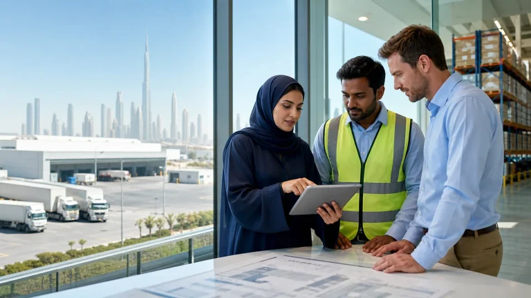 Logistics professionals comparing transport and distribution priorities in Dubai
