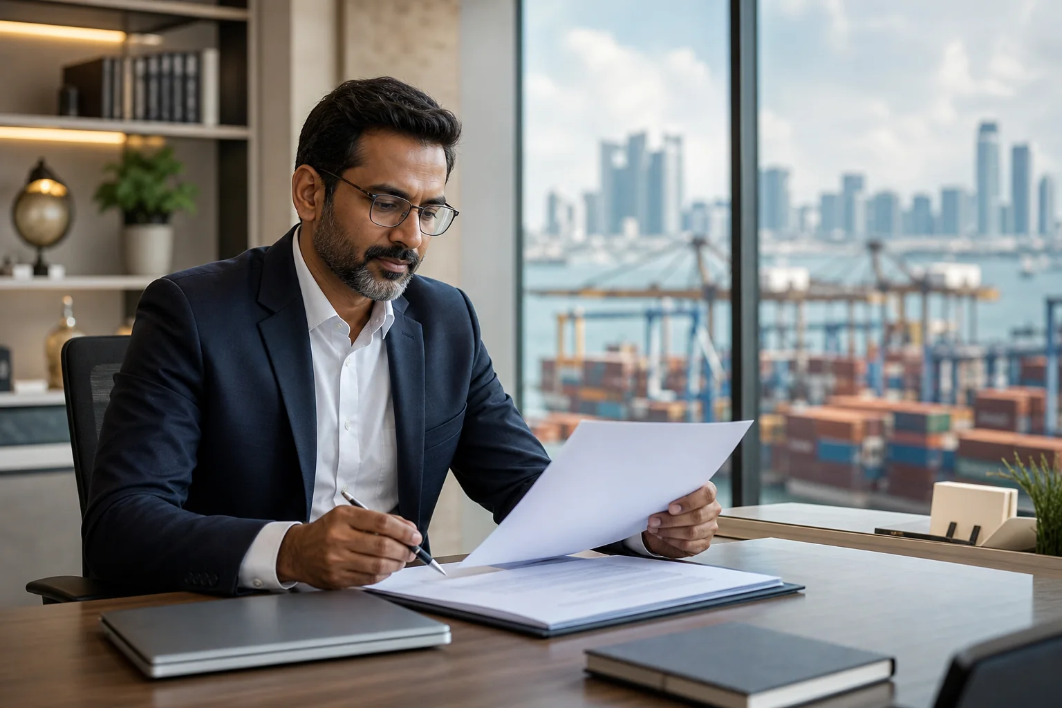 Trade finance professional reviewing cross-border demand guarantee documentation