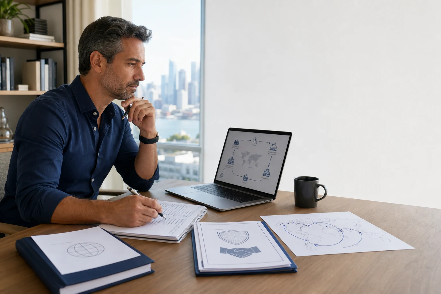 Trade finance professional studying cross-border transaction workflows