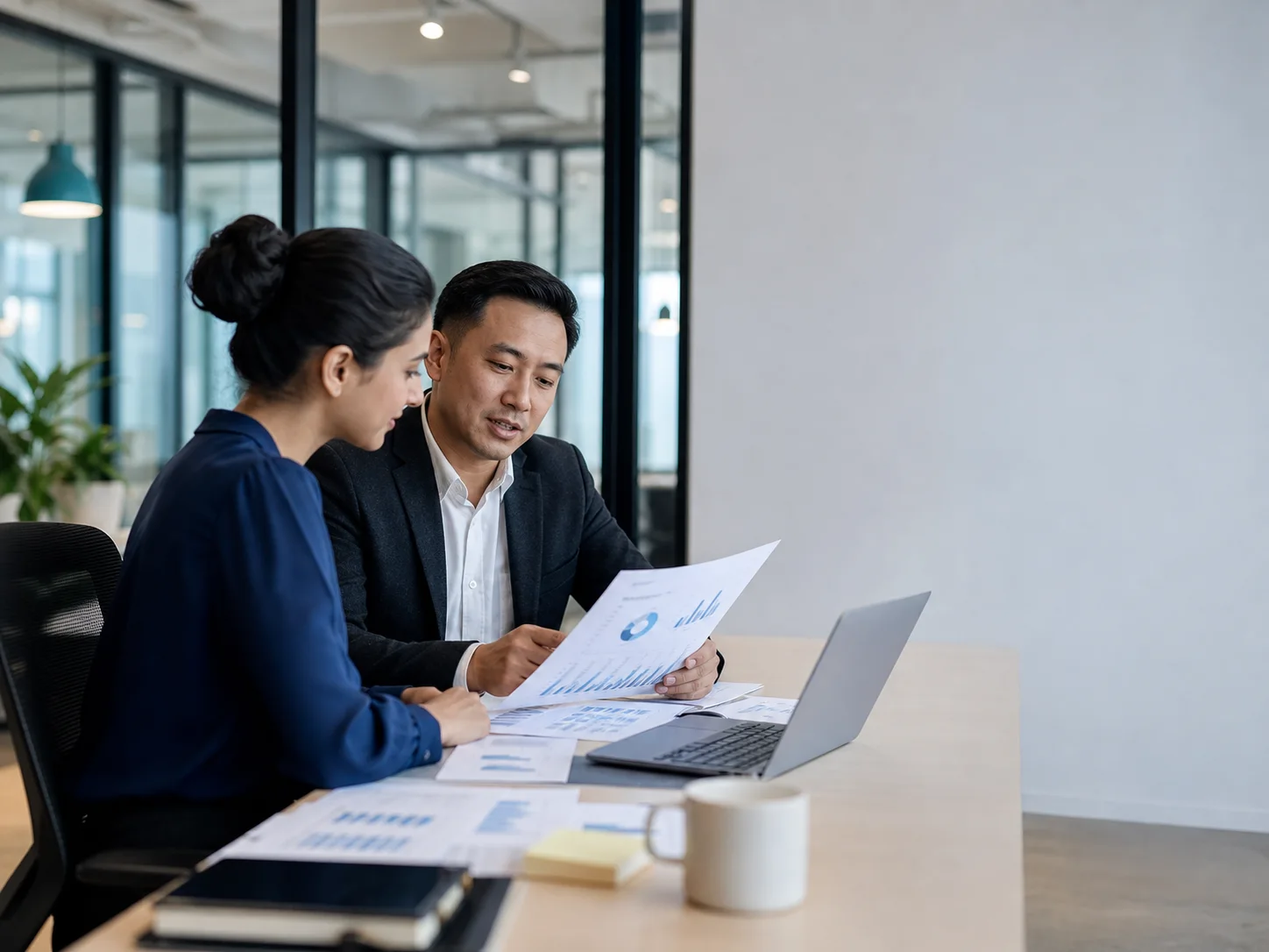 Finance professionals reviewing consolidated financial reporting in a modern office