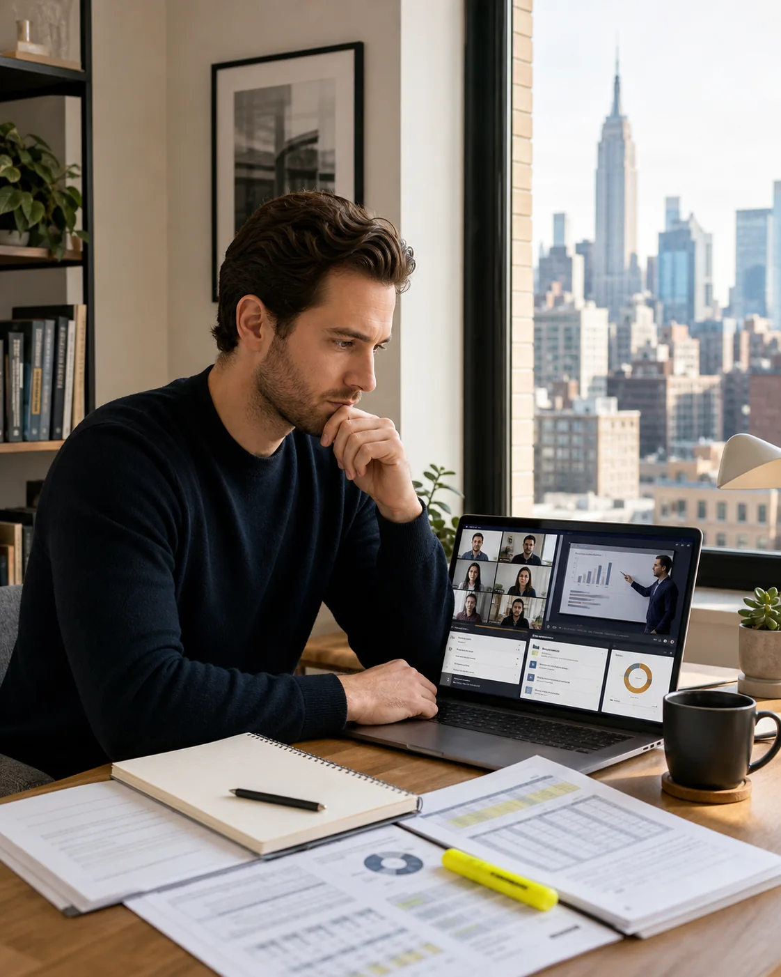 Finance professional in New York using an online learning system during a live IFRS tutoring session