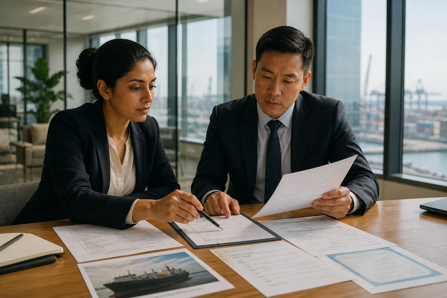 Trade finance professionals reviewing a letter of credit and supporting documents.