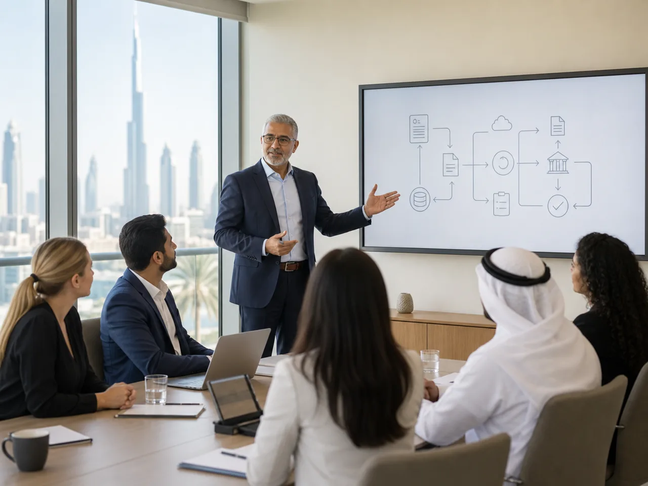 Finance transformation leader discussing e-invoicing readiness with a diverse UAE team