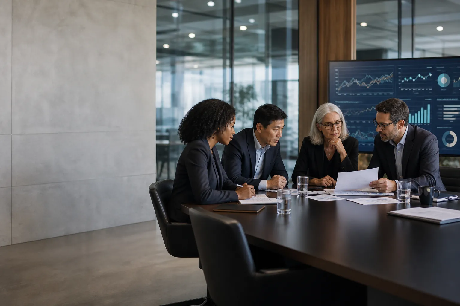 Risk committee reviewing financial risk scenarios