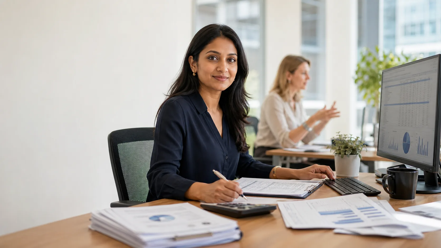 Financial reporting professional reviewing IFRS consolidation information at work