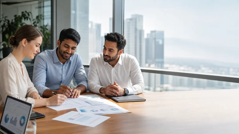 Finance professionals reviewing international financial reporting information in a modern office
