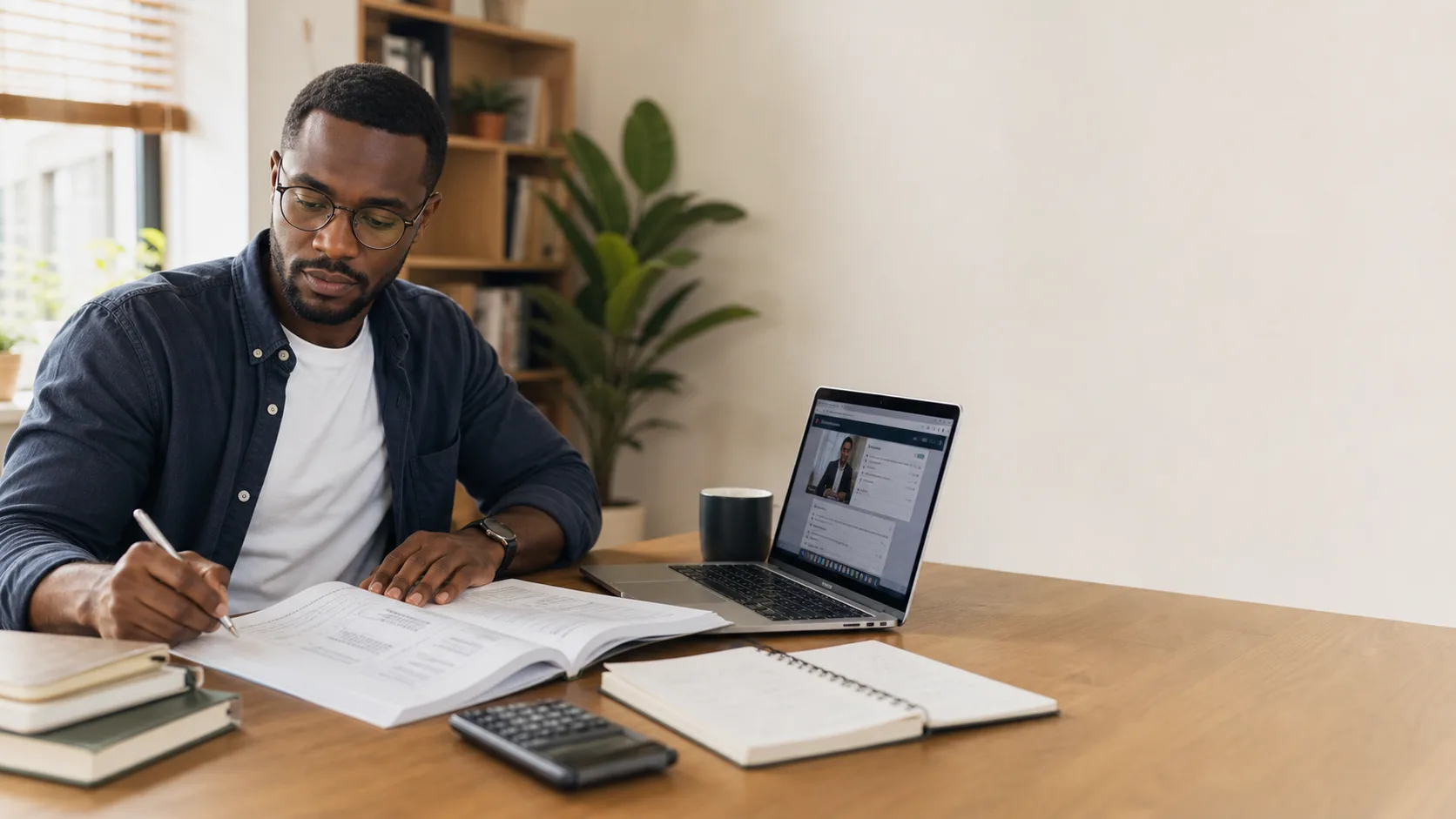 Professional reviewing an IFRS qualification study plan in a bright home office