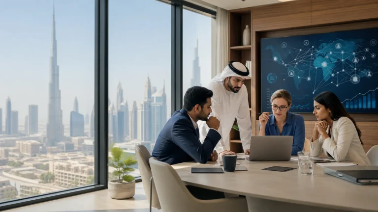 Mid-career supply chain professionals reviewing career and network decisions in Dubai