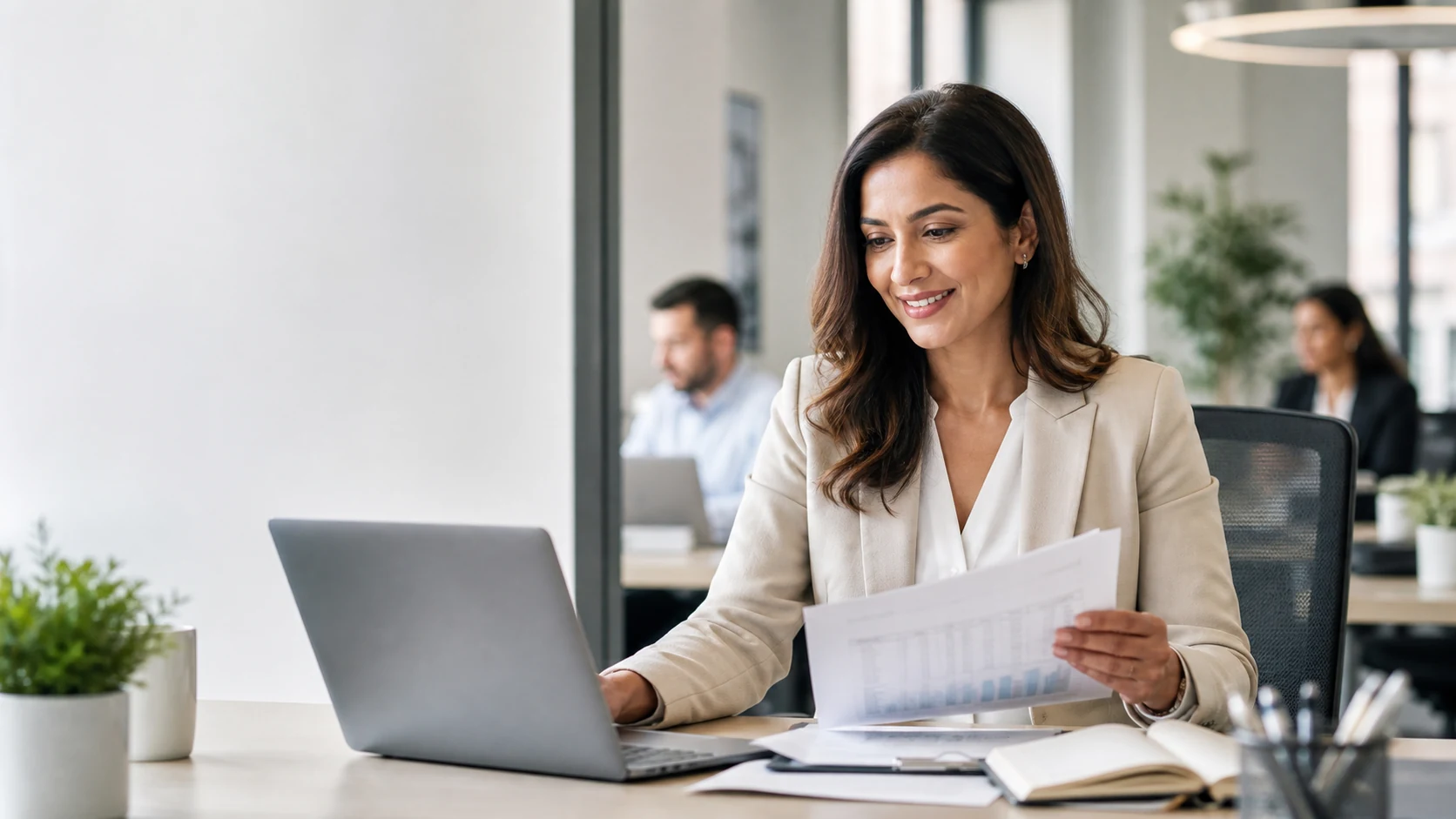 Finance professional confidently reviewing reports after practical accounting training