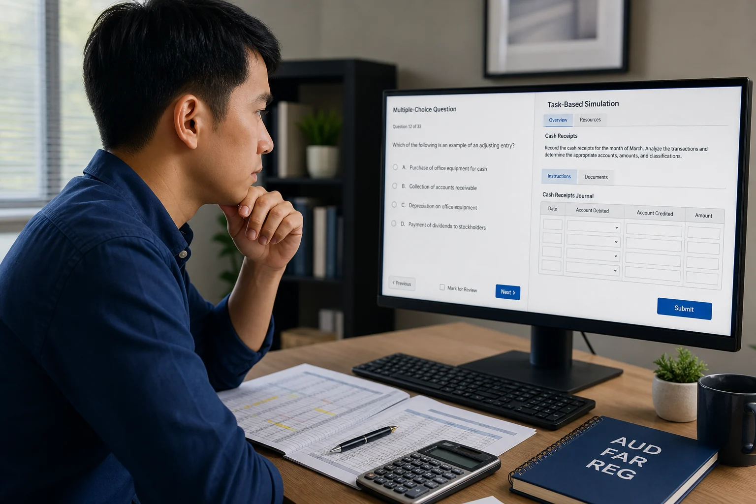 CPA candidate practising multiple-choice questions and task-based simulations