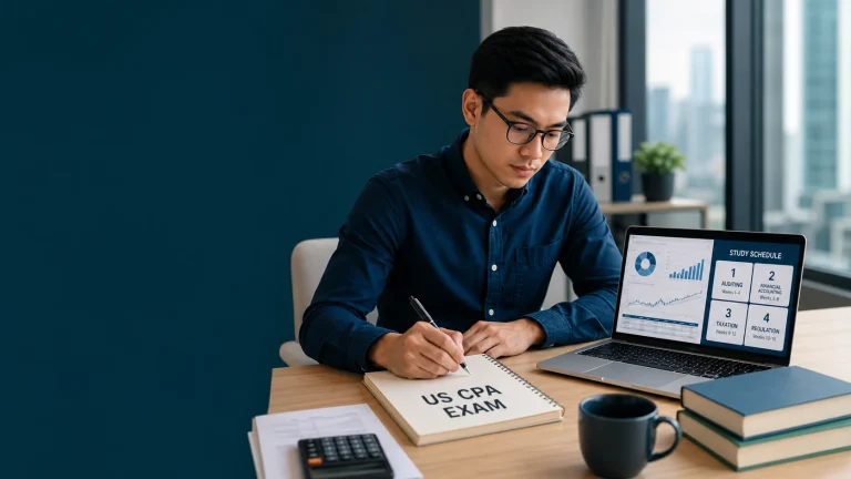 Accounting professional preparing for the US CPA Exam with a four-part study plan