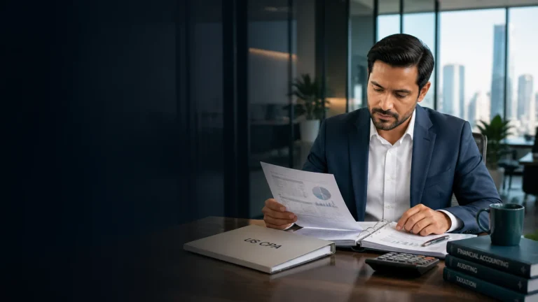Accounting professional reviewing US CPA study and financial reporting materials