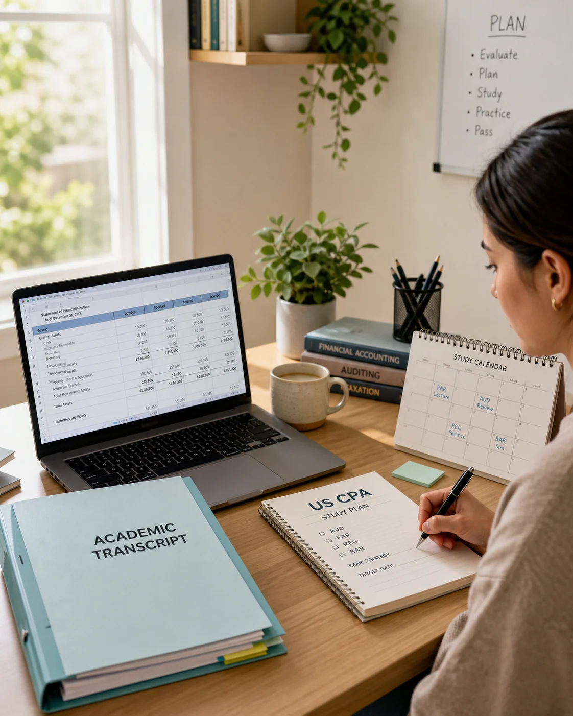 Accounting professional planning a US CPA route with transcript folder, study calendar and financial-accounting resources