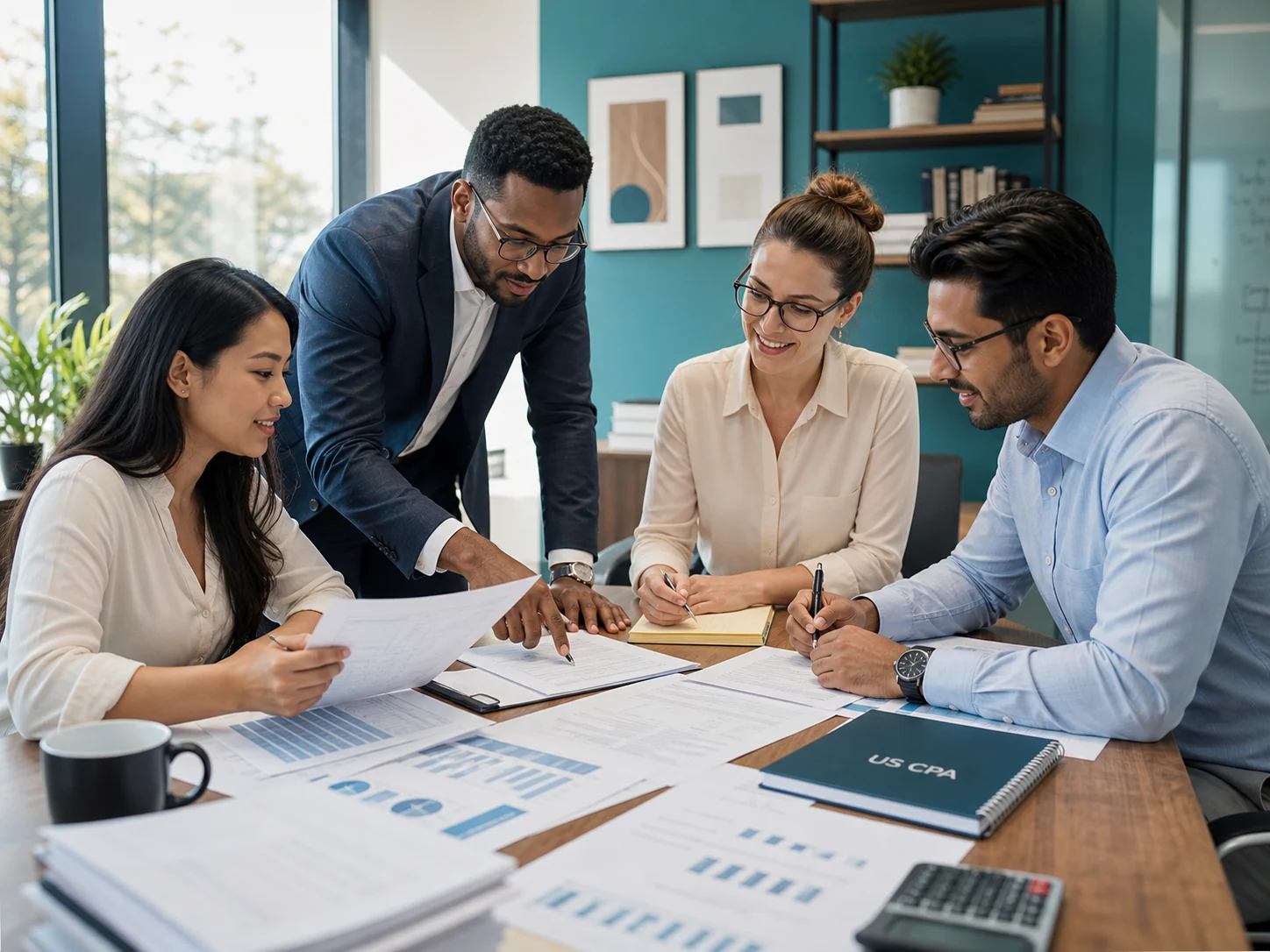 Accounting professionals reviewing financial reports and audit working papers in a bright office