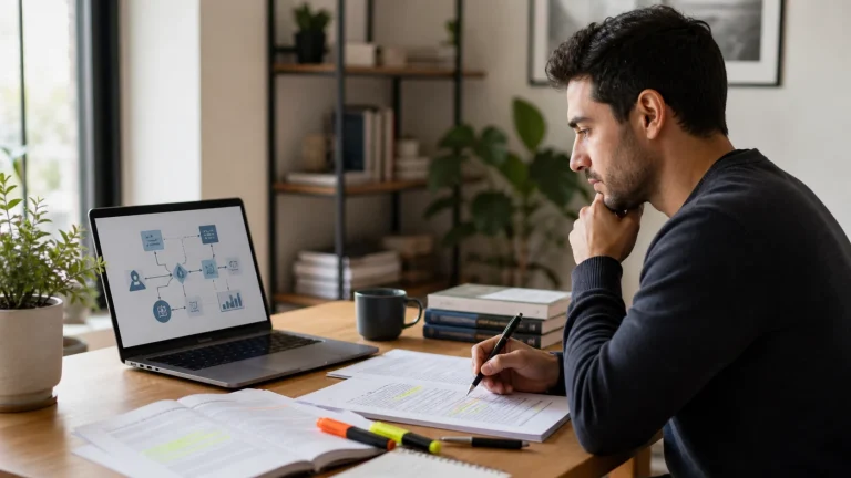 Professional reviewing a US CPA syllabus study map at a desk