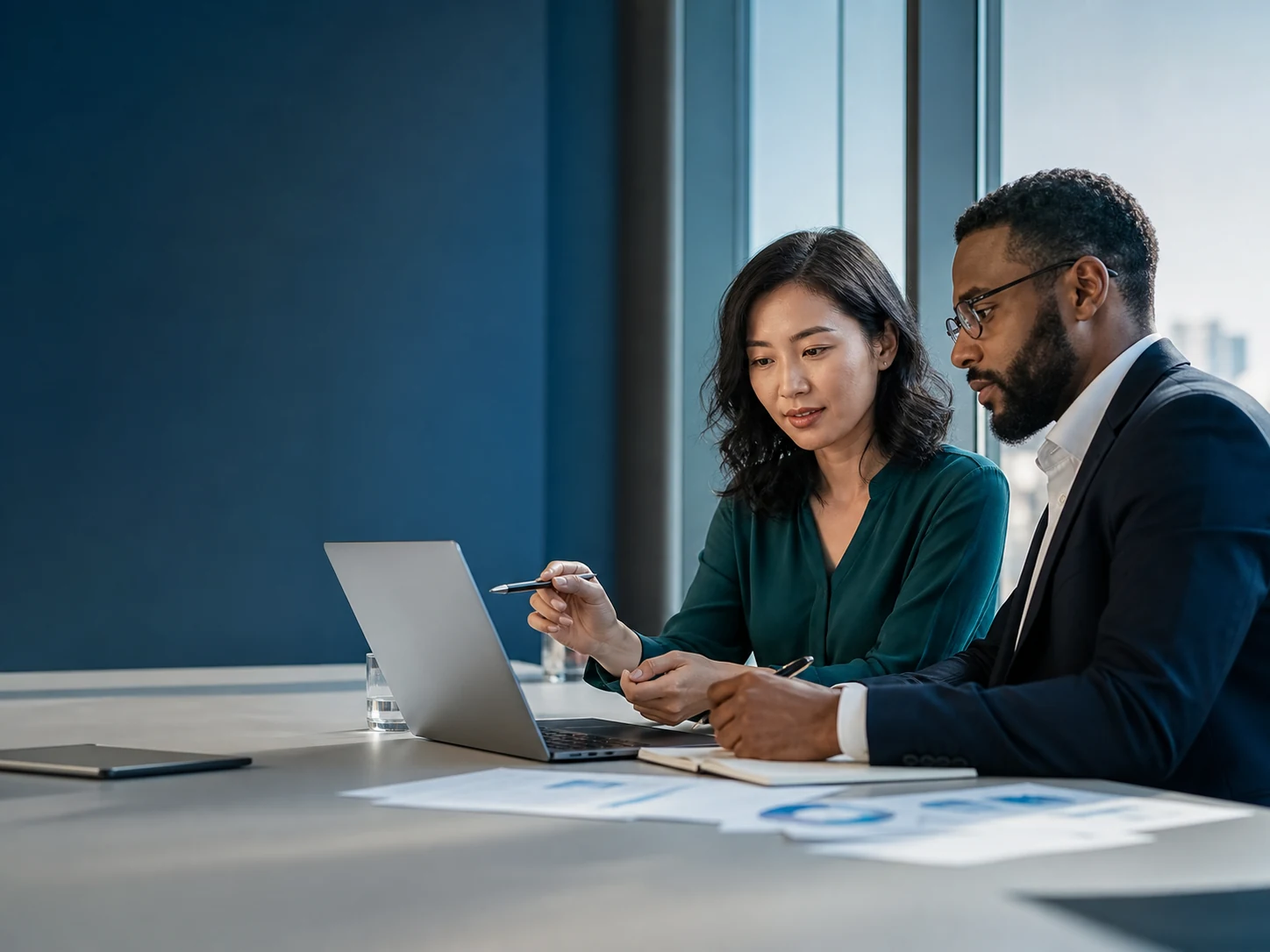 Finance professionals using analytical tools in a modern meeting room