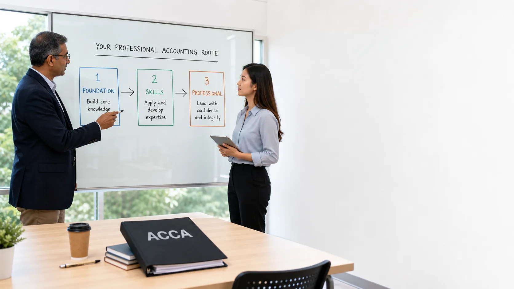 Mentor and learner reviewing the three stages of the ACCA qualification.